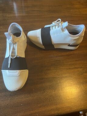 Balenciaga White Gray Race Runner Sneakers with Black Strap Detail